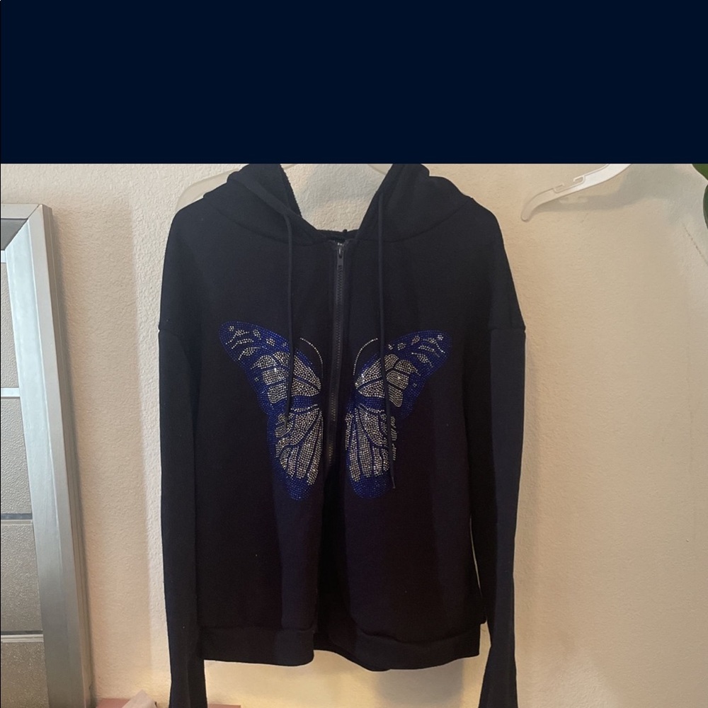 Rhinestone butterfly zip up sweater